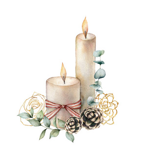 水彩蜡烛与金色的花卉组成。手绘玫瑰，桉树枝，松果和弓孤立在白色背景。设计印刷织物或背景的圣诞插画。