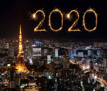 2020年东京夜景新年快乐烟花，日本