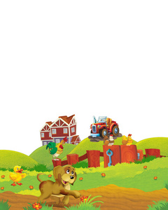 白色背景下的卡通场景，狗在农场玩耍儿童插图