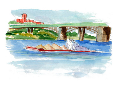现代货船与沙货漂浮在桥下的河流上手绘水彩画插图