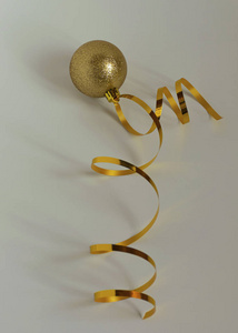 金色闪亮的球，在白色背景上用金色丝带装饰新年和圣诞节的圣诞树。
