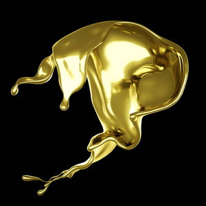 一滴粘稠的金色液体。三维插图，三维渲染。