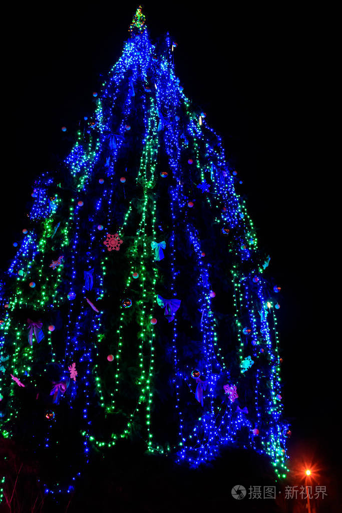 晚上用五颜六色的彩灯装饰圣诞树