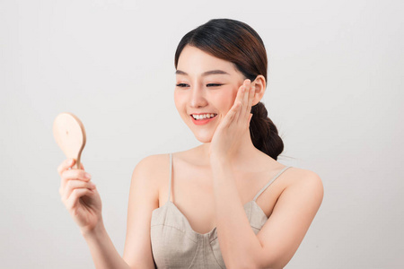 美丽的 韩国人 女人 皮肤 漂亮的 照顾 面对 镜子 日本人