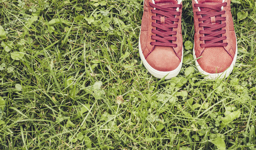 公园草地上的一双粉红色麂皮运动鞋。
