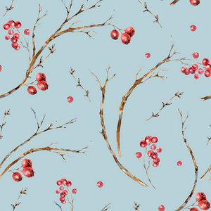 Watercolor Christmas natural seamless pattern of tree branches, 