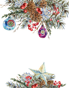 水彩圣诞自然模板冷杉枝，星星，豌豆