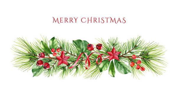 圣诞花环上点缀着红星冬青莓和松树枝。冬季假期水彩手绘插图，贺卡，横幅，日历