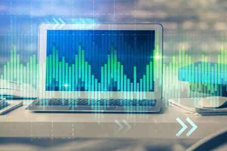 有电脑背景的图表财务信息和工作空间的双重曝光。国际网上交易的概念。