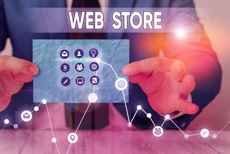 显示Web商店的文本标志。概念图片消费者直接从网上卖家处购买商品或服务。