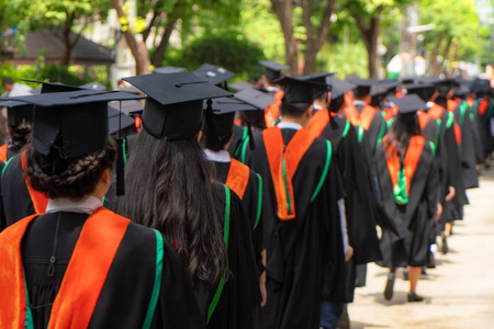 Rear view of group of university graduates in black gowns lines 