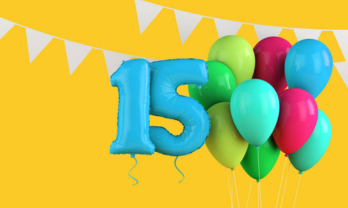 15岁生日快乐五彩缤纷的气球和彩旗。三维渲染