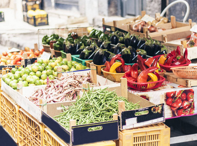 Various colorful fresh vegetables in the fruit market, Catania, 