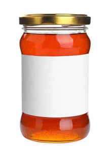 白色隔离空白标签的野花蜂蜜玻璃罐