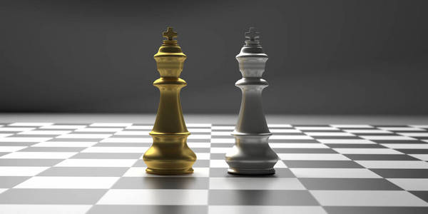 棋王站在棋盘上的金色和银色。三维插图