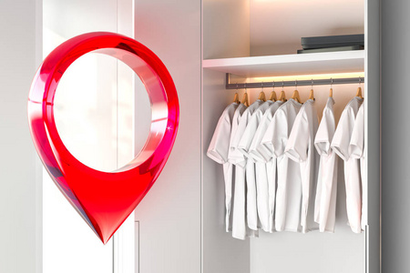 红色地图地理标签别针在现代明亮的衣柜室内。3d渲染。