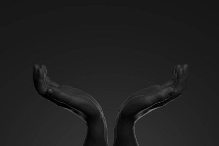 现实的黑色人手与空白的空间作为展示孤立的黑色背景。3d渲染。
