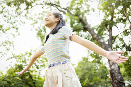 女性青少年喜欢举起双臂闭上眼睛呼吸新鲜空气,享受乐趣,在公园放松