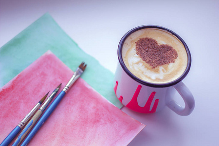 卡布奇诺 杯子 艺术 奶油 浪漫的 早餐 泡沫 浓缩咖啡