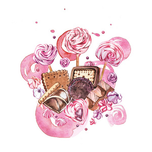 水彩糖果系列。糖果蛋糕和信封组成的水彩图像。情人节。完美的卡片，印刷品，请柬，生日卡。