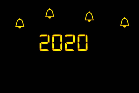 2020年圣诞节背景。电子钟的字体。新年贺卡。带有铃铛的2020年新年标志。