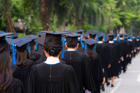 Rear view of group of university graduates in black gowns lines 