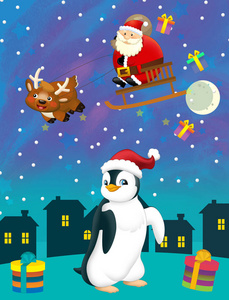 圣诞快乐场景企鹅和圣诞老人与鹿一起飞翔儿童插图
