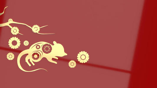  mouse and flower gold plate on red background 3d rendering for 