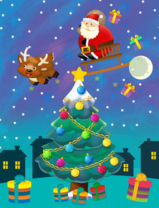 卡通快乐场景与圣诞树和飞翔的圣诞老人儿童插图