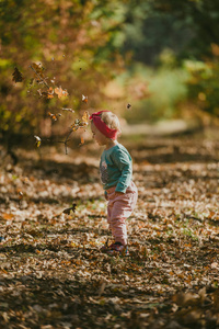 可爱的女孩在美丽的秋天玩得开心。真实的童年形象。
