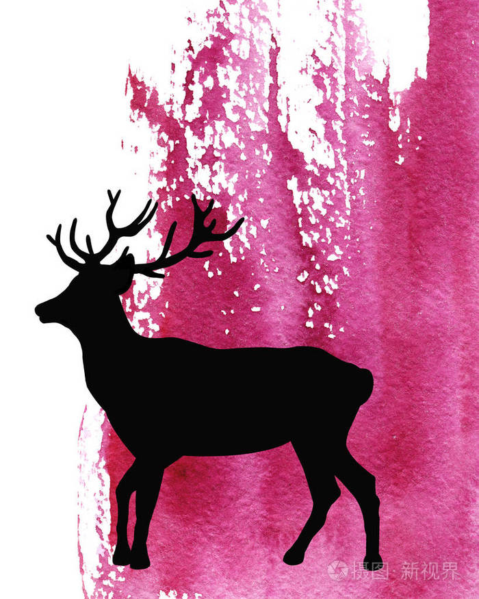 哺乳动物动物,麋鹿的剪影,抽象水彩画紫色背景上的鹿.
