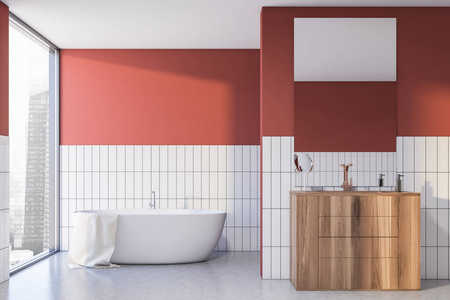 红白瓷砖浴室内部，浴缸和水槽