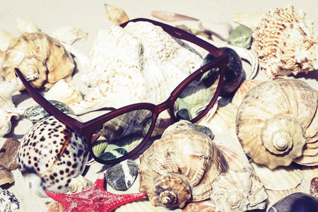 Sunglasses, seashells, sea stars, coral and stones on the sand, 