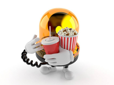 Emergency siren character holding popcorn and soda