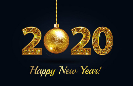 快乐的新2020年闪耀数字效果金色文字与灯光和圣诞球。金色2020黑色背景新年快乐。
