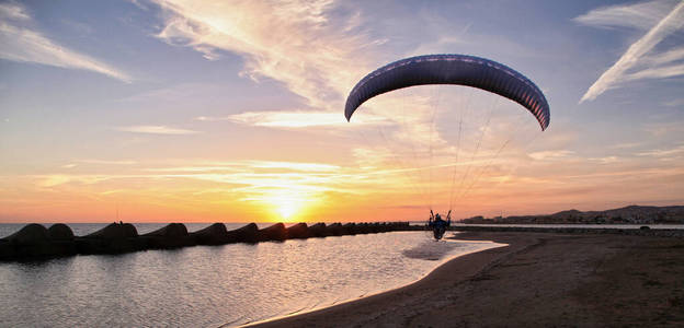 天空 滑翔伞 飞行 海滩 日落