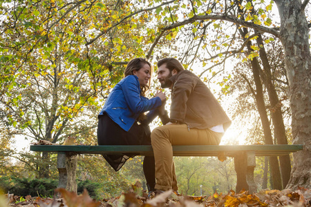 公园里的一对情侣享受着美好的秋天。