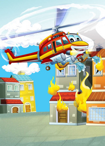 儿童用消防机直升机插图的卡通场景
