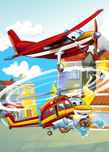 卡通场景与不同的消防机器直升机和消防队飞机插图为儿童