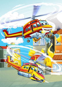 卡通场景与消防机器直升机儿童插图