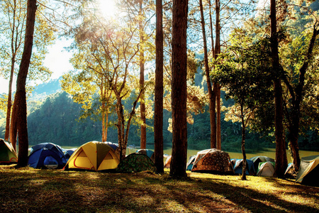 在森林里露营的帐篷。