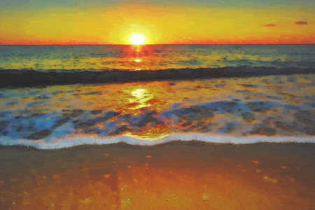 日落时的海浪。油画素描