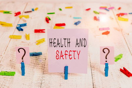 写下说明健康和安全问题的笔记。商业照片，展示防止事故发生的规程和程序，并将回形针放在木桌上。