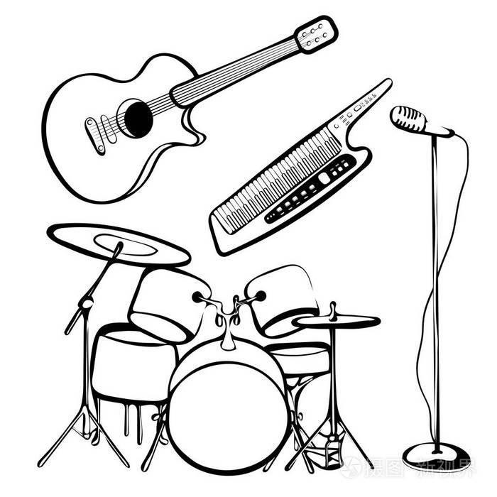 整套乐器,手绘轮廓,黑白素描,摇滚图标,剪影.