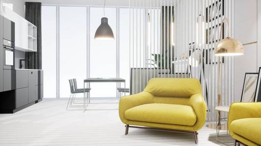 北欧风格的现代设计客厅内饰。三维渲染