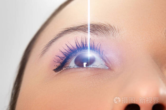 女人的眼睛特写激光照射在角膜上激光视力矫正的概念