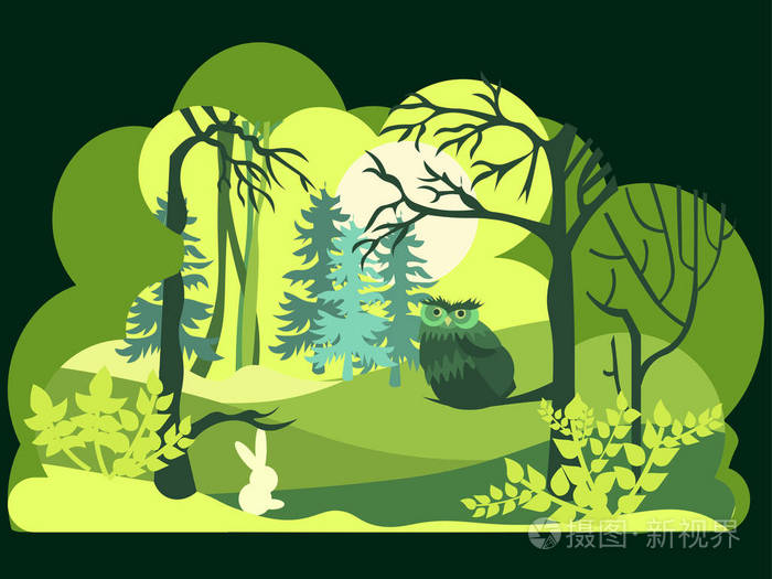 具有自然背景层的绿色森林野生动物的纸艺术剪纸和工艺风格野生动物和