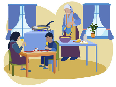 厨房中间层.在极简风格卡通平面光栅照片