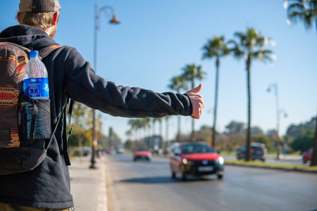 一个穿着鲜艳套头衫的年轻人，手持棕榈树在路上搭车