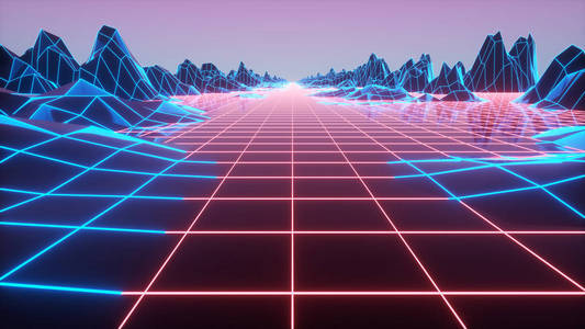 Synthwave wireframe net 80年代复古未来主义背景3d插图